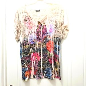 ``T25183 Perception Women Vintage White Butterfly Print Top